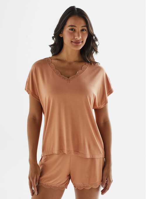 Blusa de Pijama Manga Curta com Renda 21556