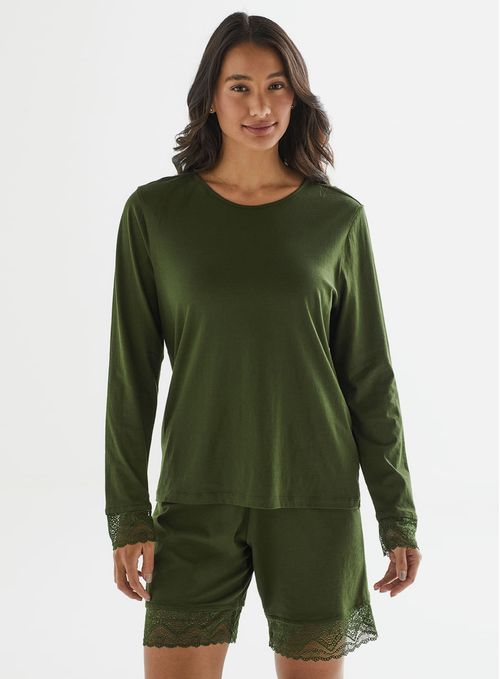 Camiseta de Pijama Manga Longa de Algodão com Renda 21700 - Nori