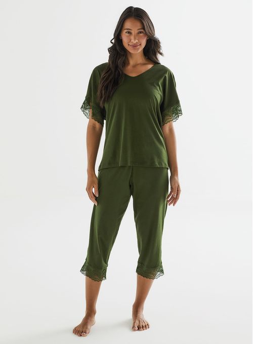 Calça de Pijama Cropped de Algodão com Renda 20700 - Nori