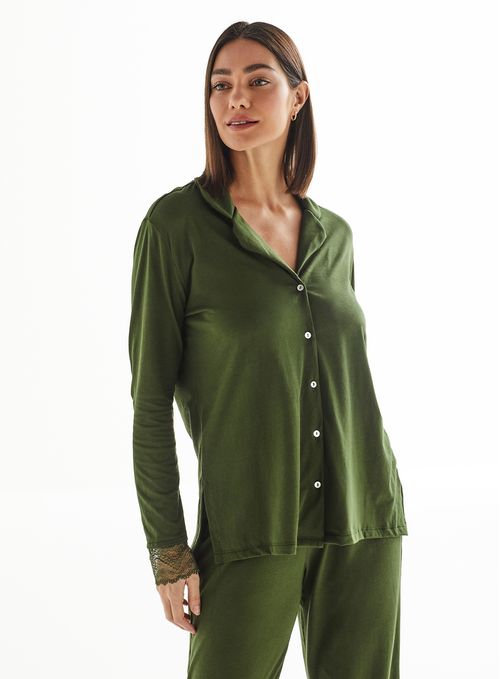 Camiseta de Pijama de Botão Manga Longa de Algodão 21701 - Nori