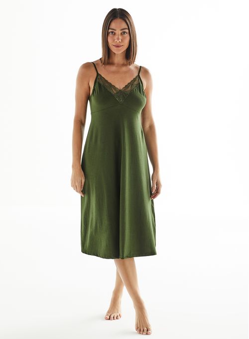 Camisola Midi de Alcinha de Algodão com Renda 23701 - Nori