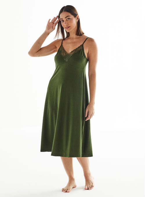 Camisola Midi de Alcinha de Algodão com Renda 23701 - Nori