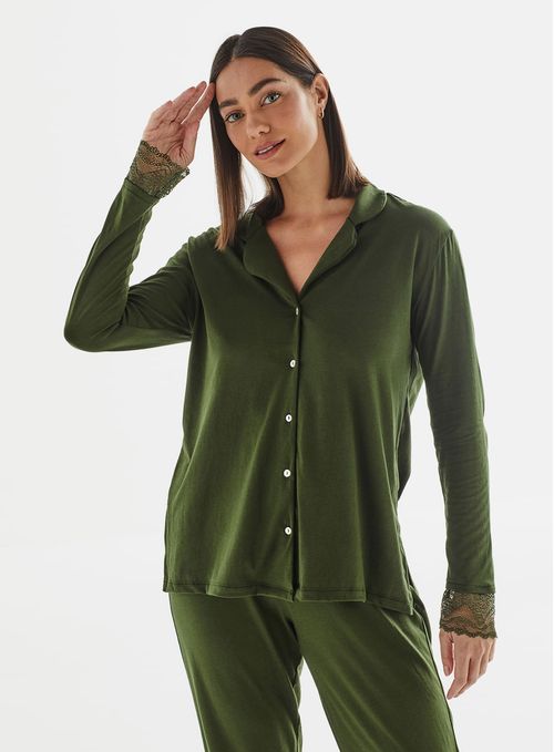 Camiseta de Pijama de Botão Manga Longa de Algodão 21701 - Nori