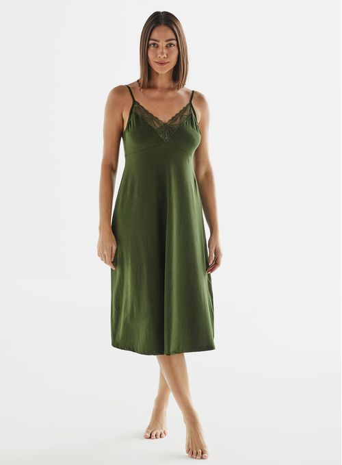 Camisola Midi de Alcinha de Algodão com Renda 23701 - Nori