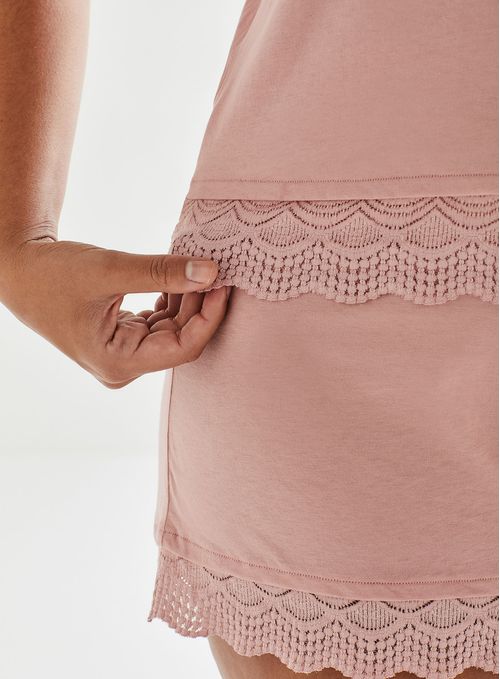 Blusa de Pijama Manga Curta de Algodão com Renda 21754
